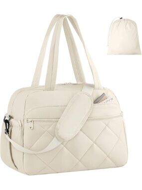 Cream Quilted Duffle Tote Bag